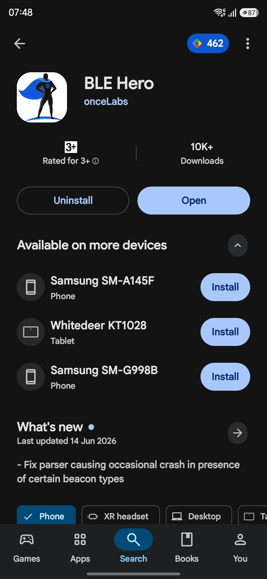 BLE Hero by onceLabs shown in Google Play