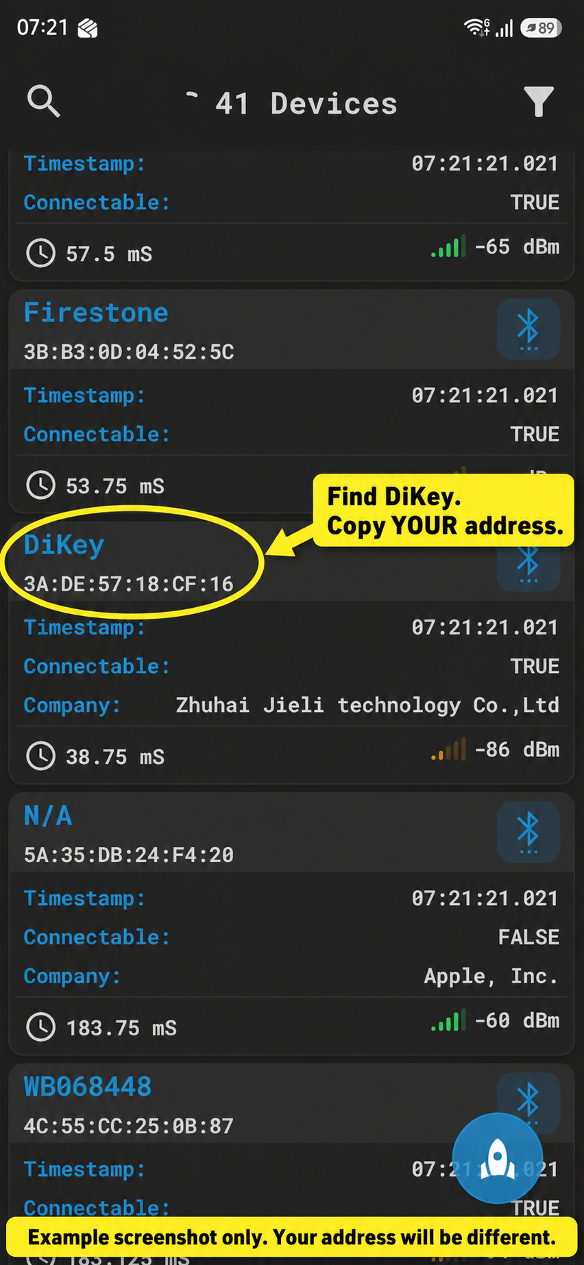 Example DiKey Bluetooth address highlighted